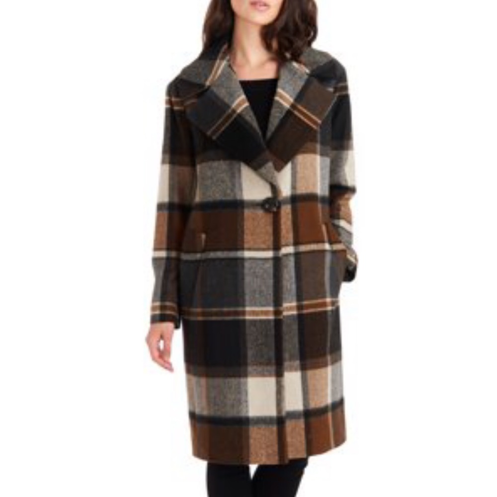Kensie Plaid  Wool Blend Long Length Button Coat NWT